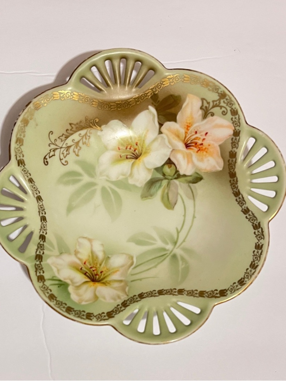 Vintage Floral Porcelain Plate - Pale Green with Lilies